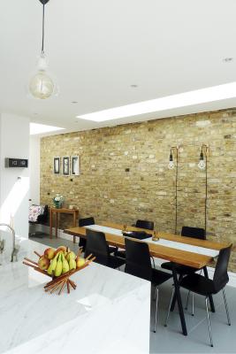 - marchini-architecture.com, - Balham, - rear extension, - marble kitchen island, - skylights, - side extension, - internal brick wall, - dining area